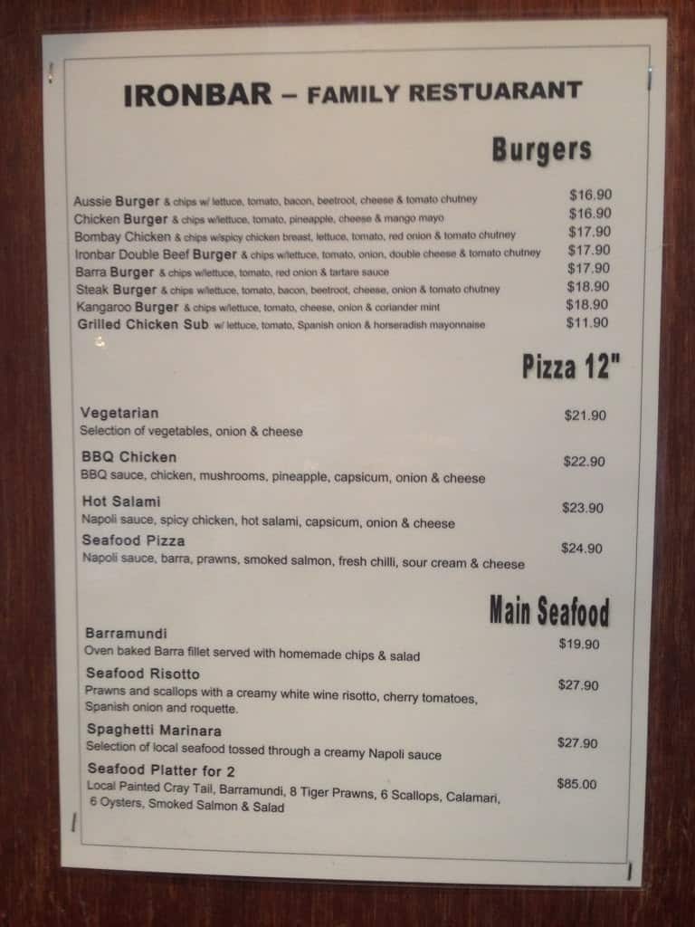 Menu at Iron Bar, Port Douglas