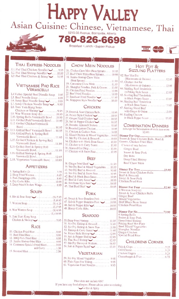 Happy Valley Menu Menu For Happy Valley Bonnyville Bonnyville