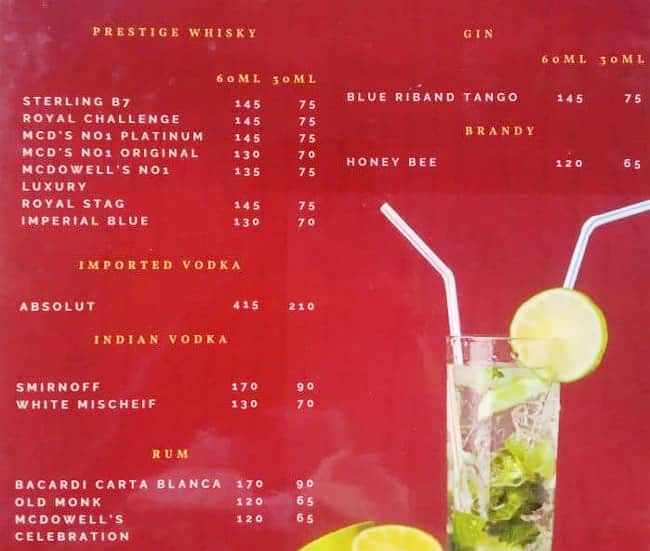 Zero Miles Bar & Restaurant menu