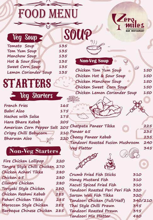 Zero Miles Bar & Restaurant menu