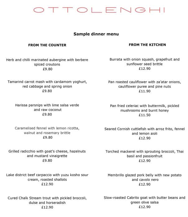 Menu at Ottolenghi restaurant, London, 287 Upper St