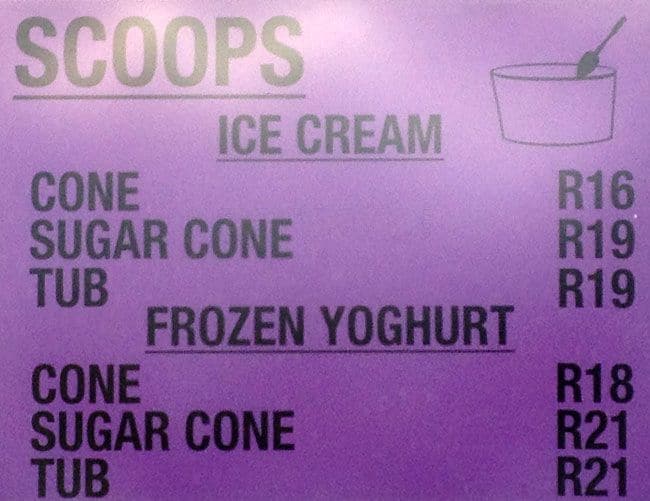 Menu at Nice Ice Cream Parlour, Cape Town