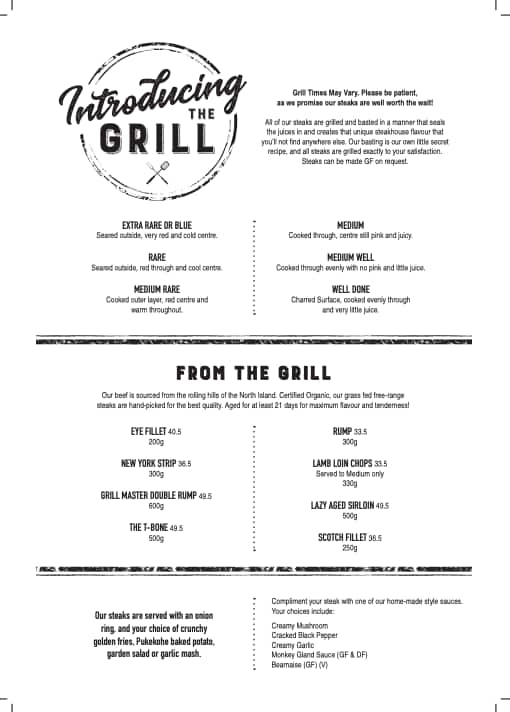 Menu at Porterhouse Grill Finest Gourmet Steak in Auckland steakhouse, Auckland