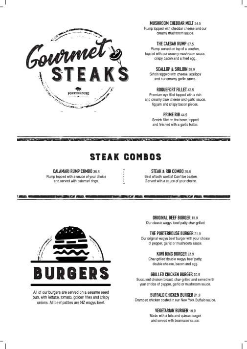 Menu at Porterhouse Grill Finest Gourmet Steak in Auckland steakhouse, Auckland