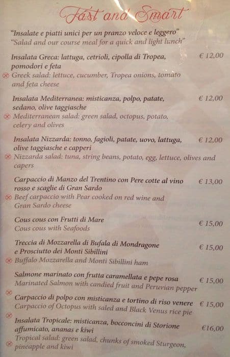 Menu di Galleria Restaurant in Rome 