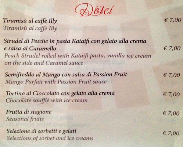Menu di Galleria Restaurant in Rome 
