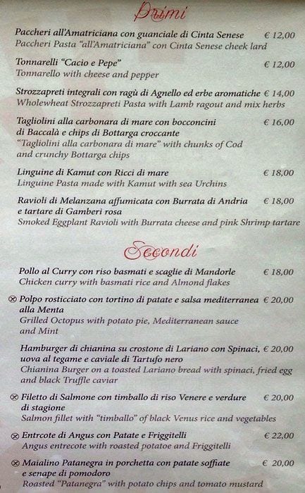 Menu di Galleria Restaurant in Rome 