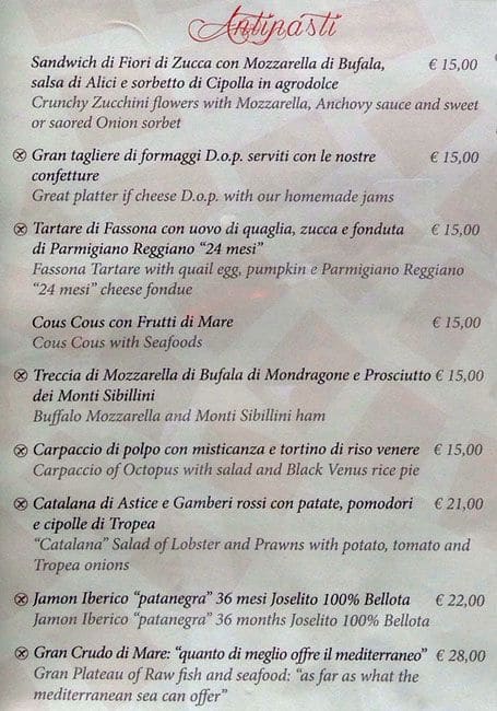 Menu di Galleria Restaurant in Rome 