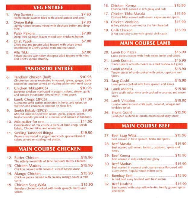 Menu at Delhi Darbar, Allambie Heights