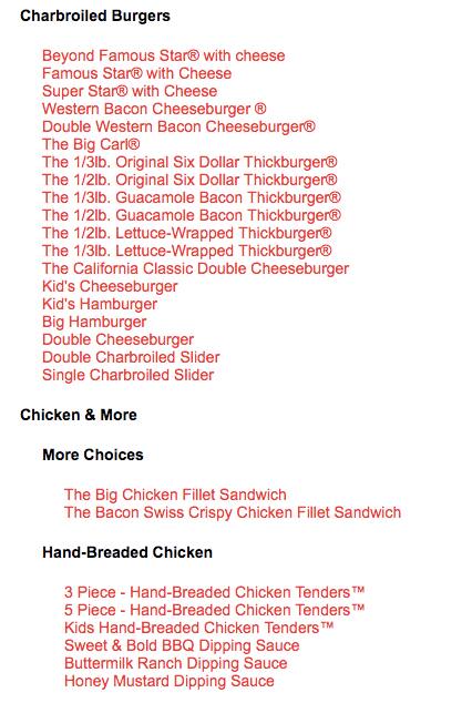 Carl's Jr. menu
