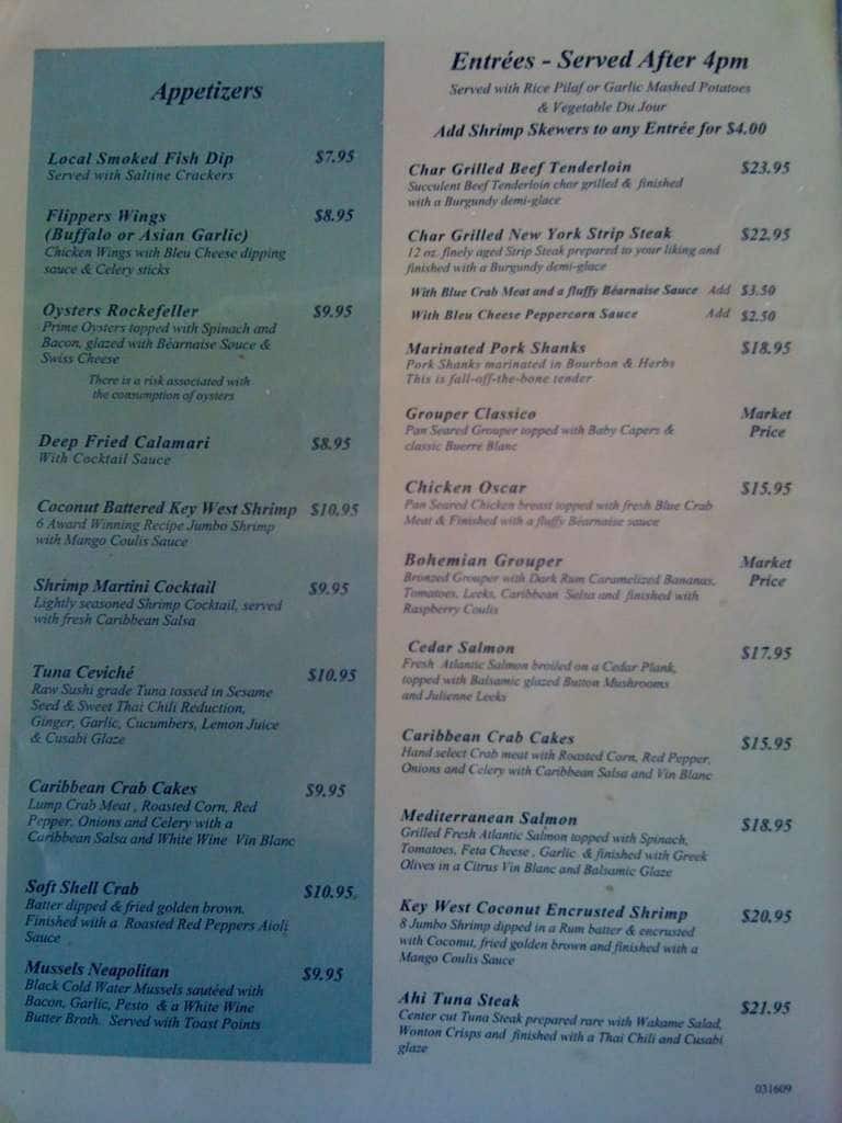 Menu at Flippers restaurant, Fort Myers Beach