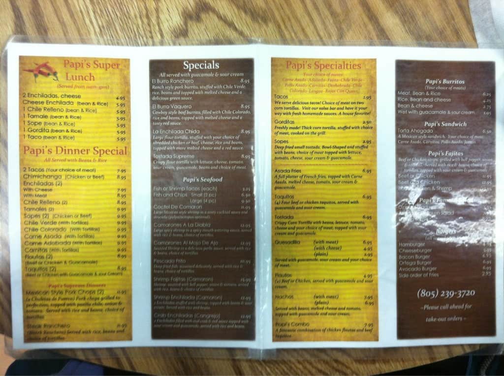 Papi's Menu, Menu for Papi's, Paso Robles, Santa Maria Urbanspoon/Zomato