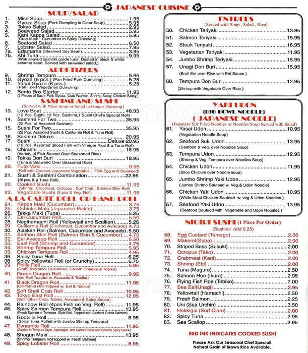 Tokyo Mandarin Menu, Menu for Tokyo Mandarin, Oxford Circle