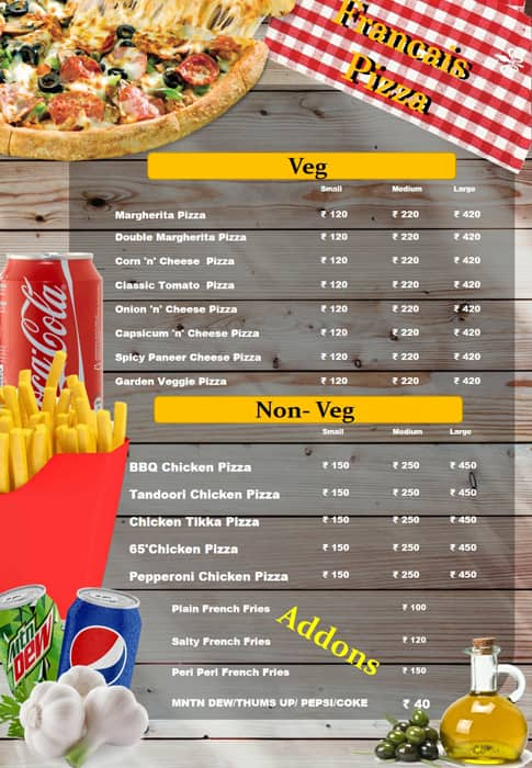 Menu of Francais Pizza, Rajendra Nagar, Hyderabad