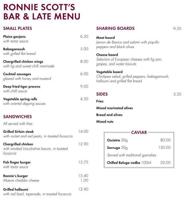Menu at Roonie Scott's pub & bar, London