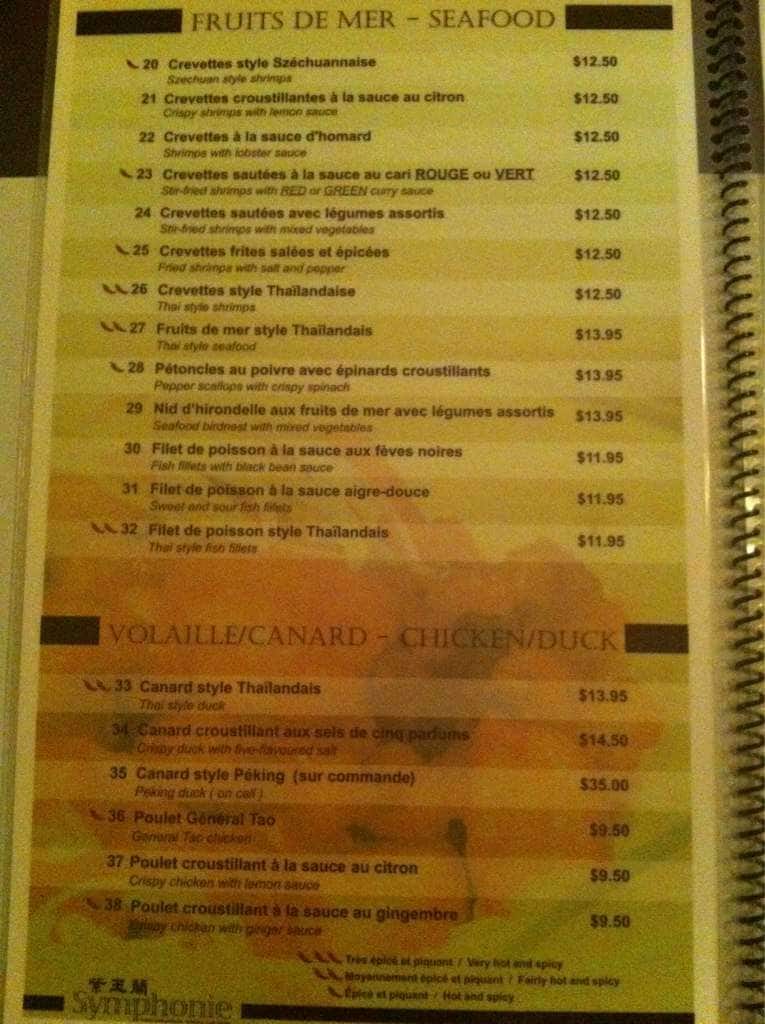 Menu au Symphonie restaurant, SaintJeansurRichelieu