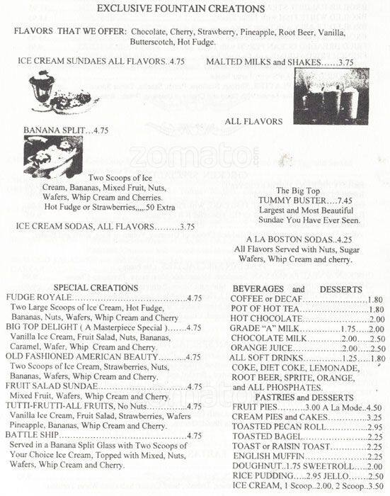 Big Top Restaurant menu