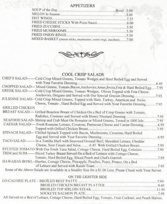 Big Top Restaurant menu