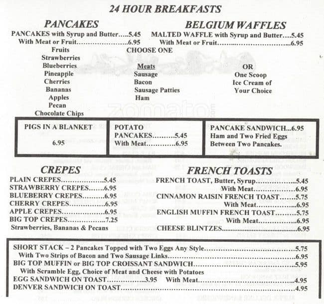 Big Top Restaurant menu