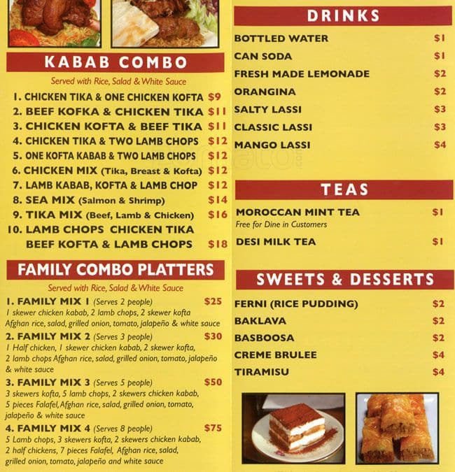 Menu at Charcoal Kabab restaurant, New York City