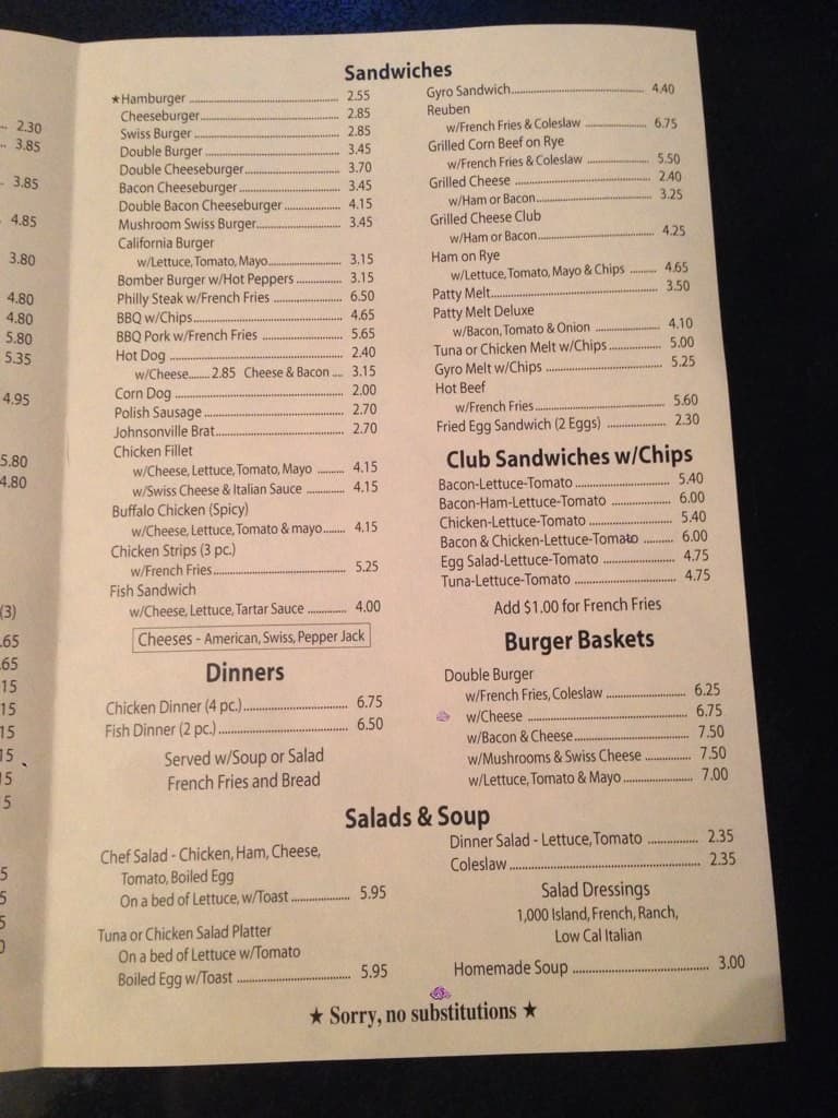 Menu at Park Inn restaurant, Racine