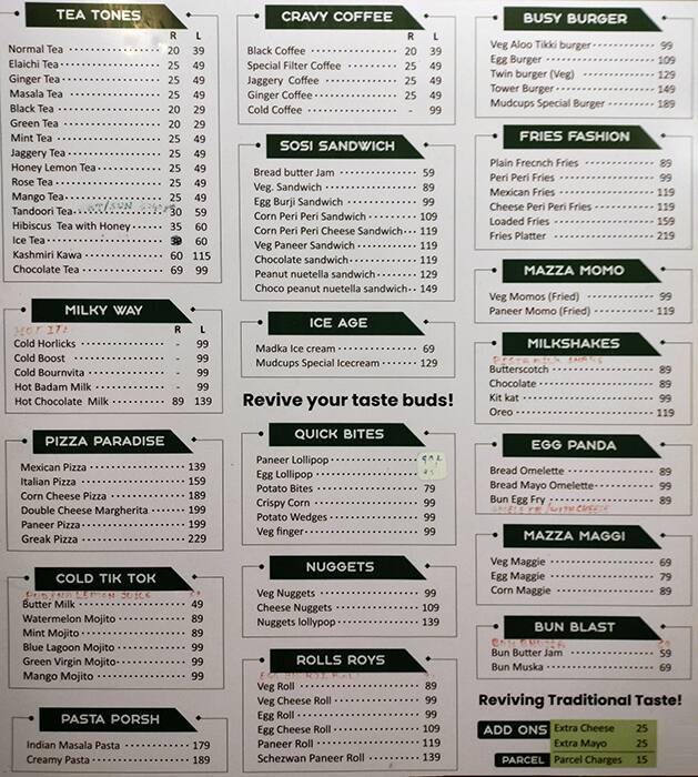 Menu of Mud Cups, HSR, Bangalore