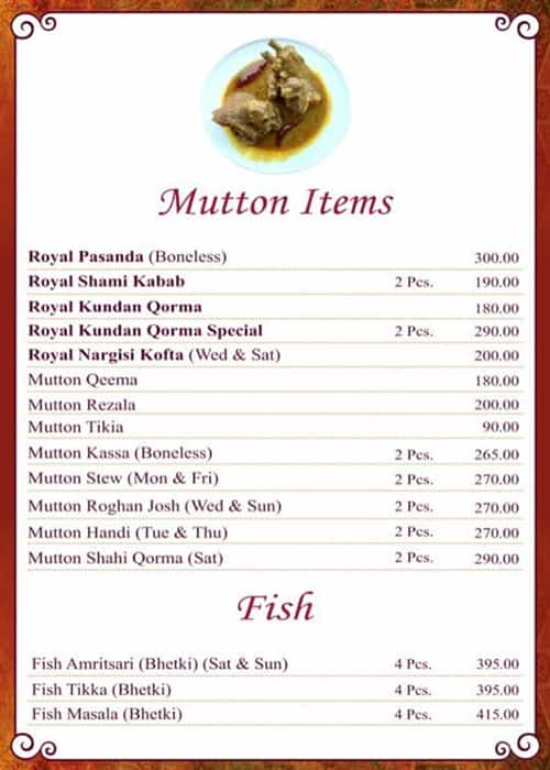 Royal Indian Restaurant menu
