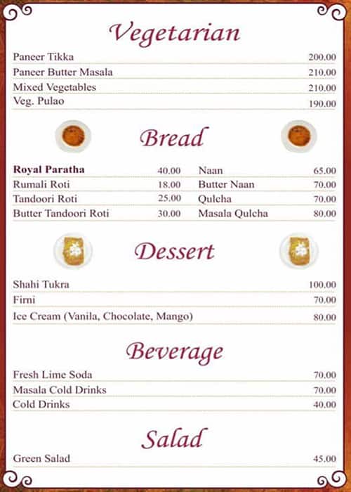 Royal Indian Restaurant menu