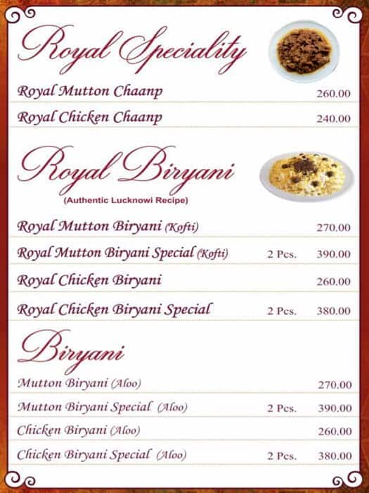 Royal Indian Restaurant menu