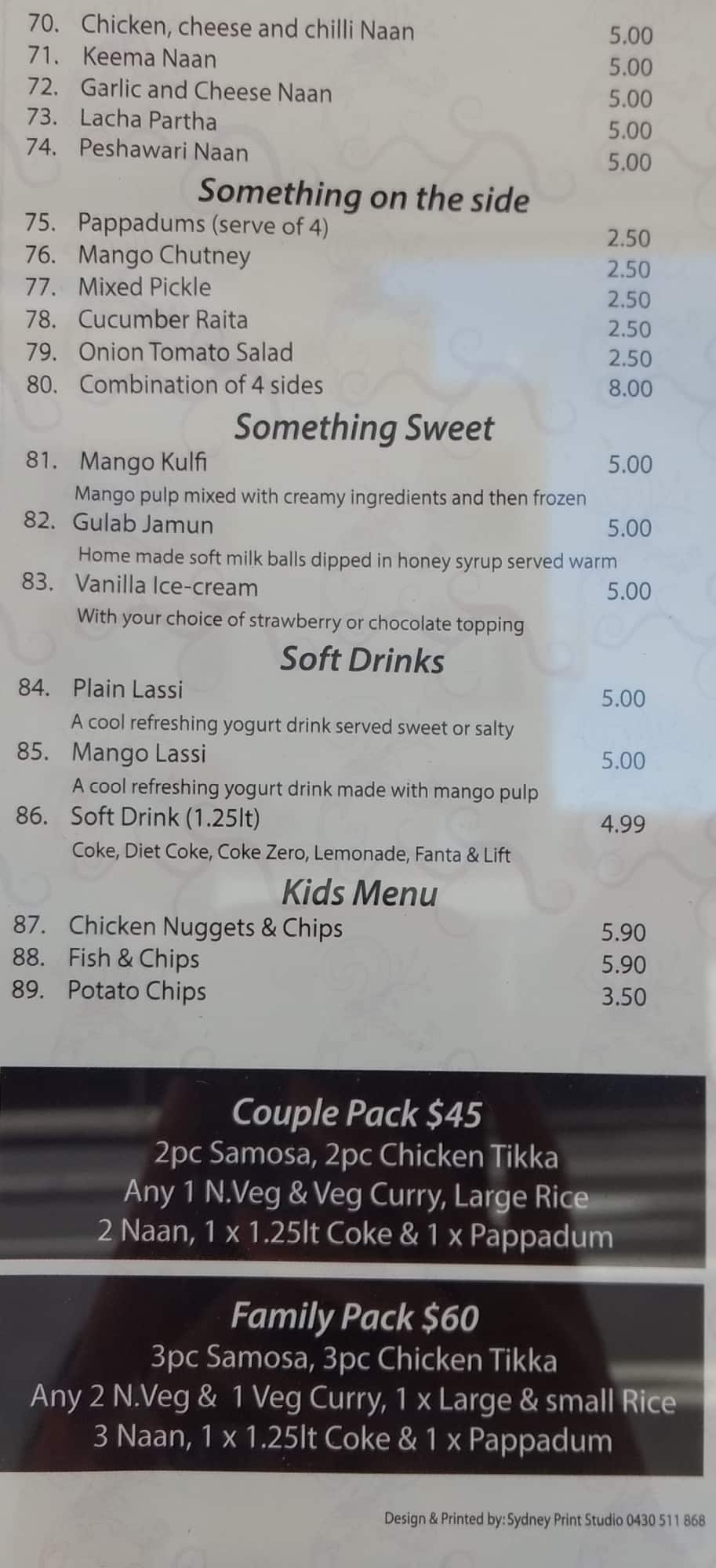 Menu at Indian Hut restaurant, Hornsby