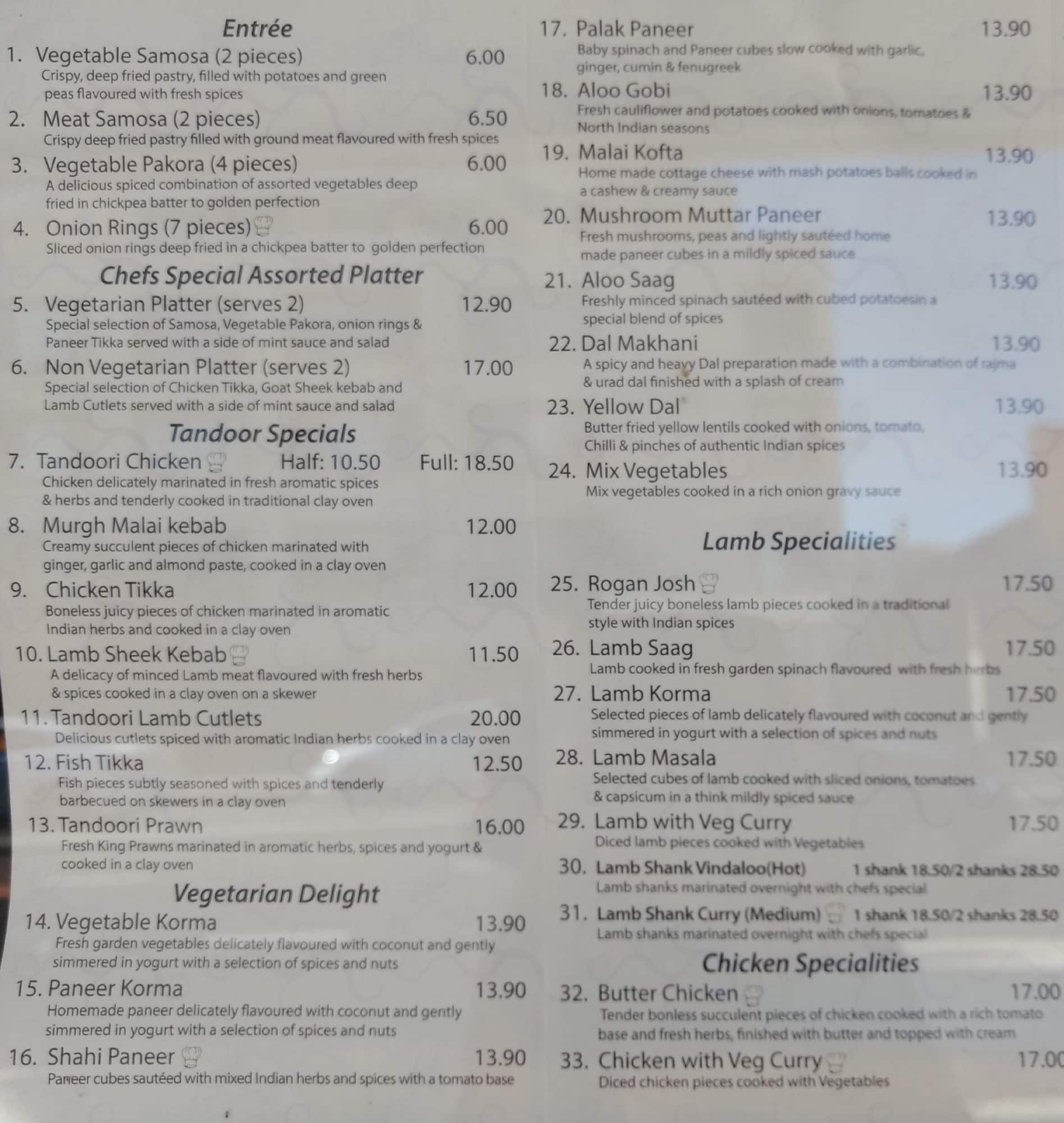 Menu at Indian Hut restaurant, Hornsby