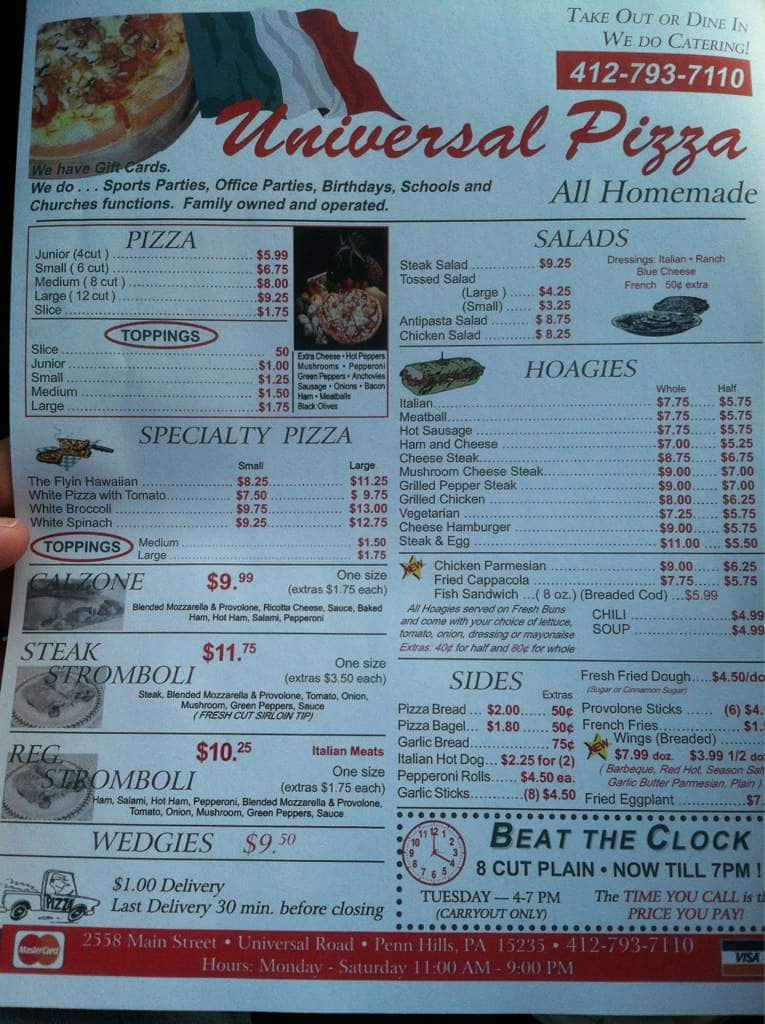 Universal Pizza Menu, Menu for Universal Pizza, Penn Hills, Pittsburgh ...