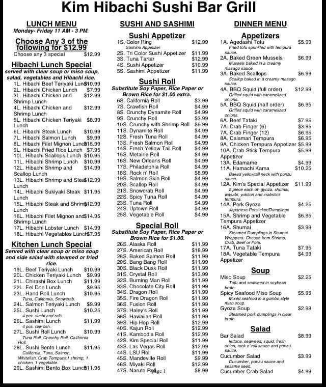 Menu at Kim Hibachi Sushi Bar and Grill, Mandeville