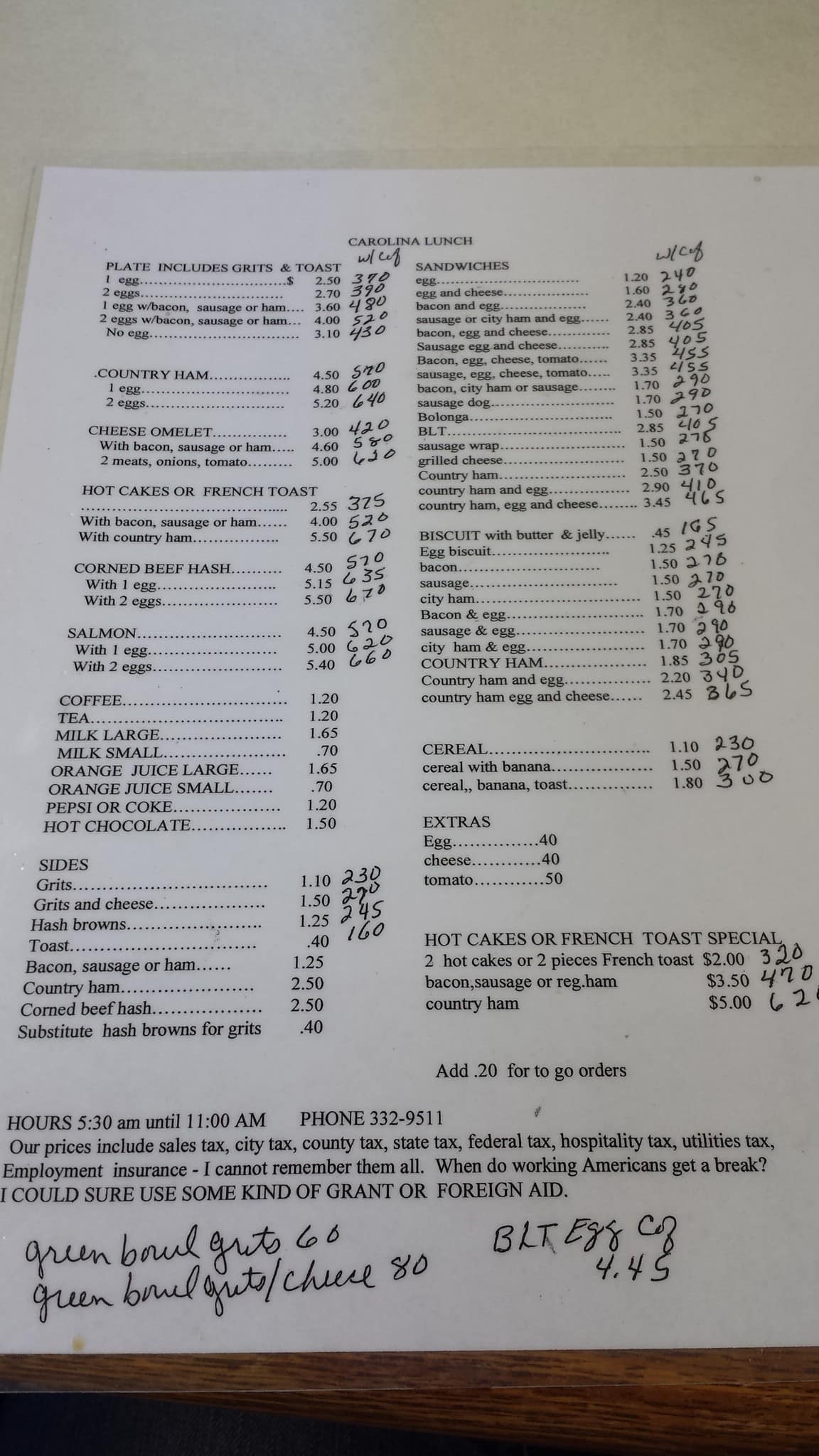 Menu at Carolina Lunch fast food, Hartsville