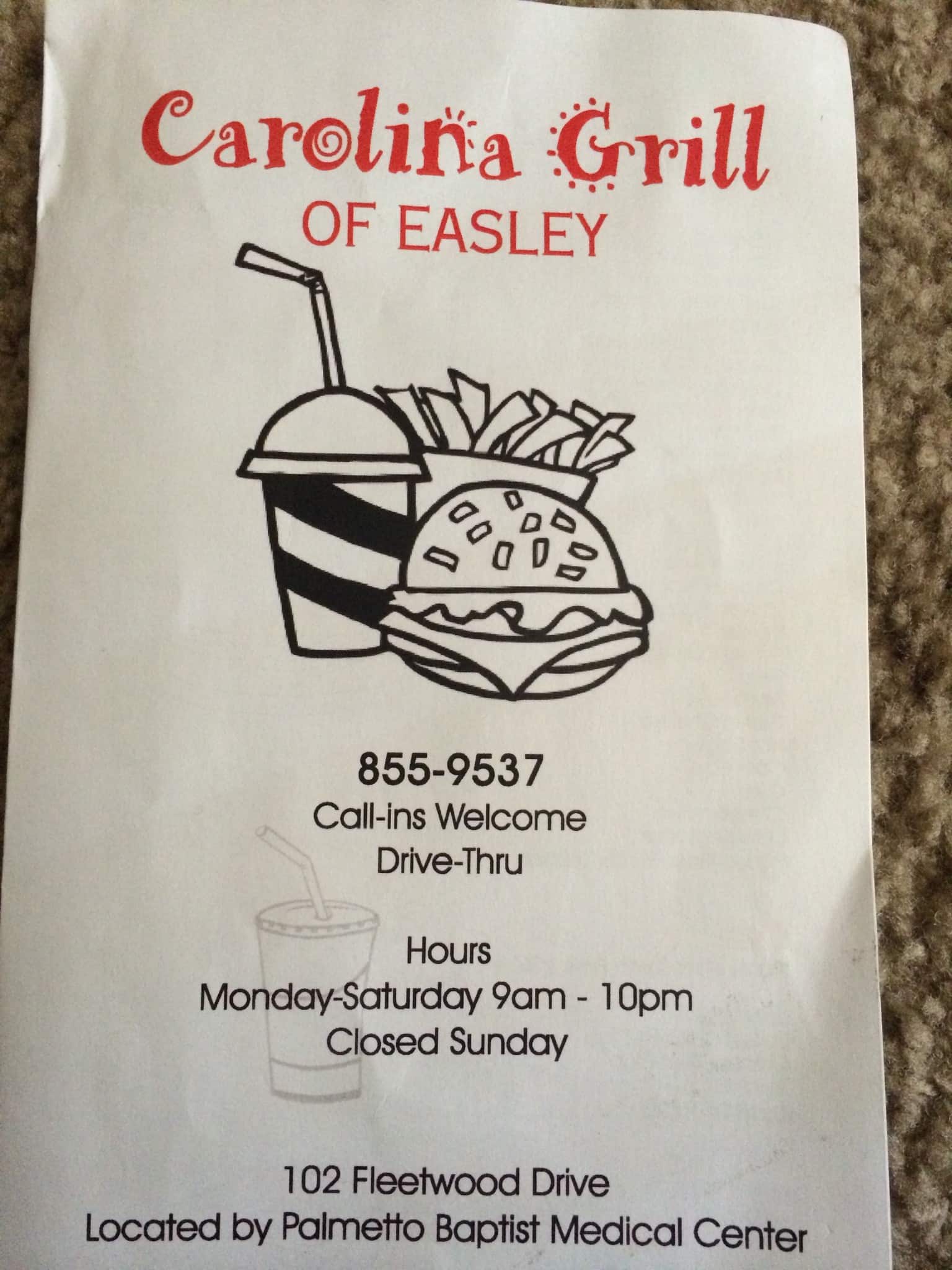 Menu at Carolina Grill of Easley restaurant, Easley