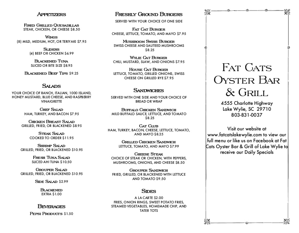  Fat Cat s  Oyster Bar Grill of Lake Wylie Menu  