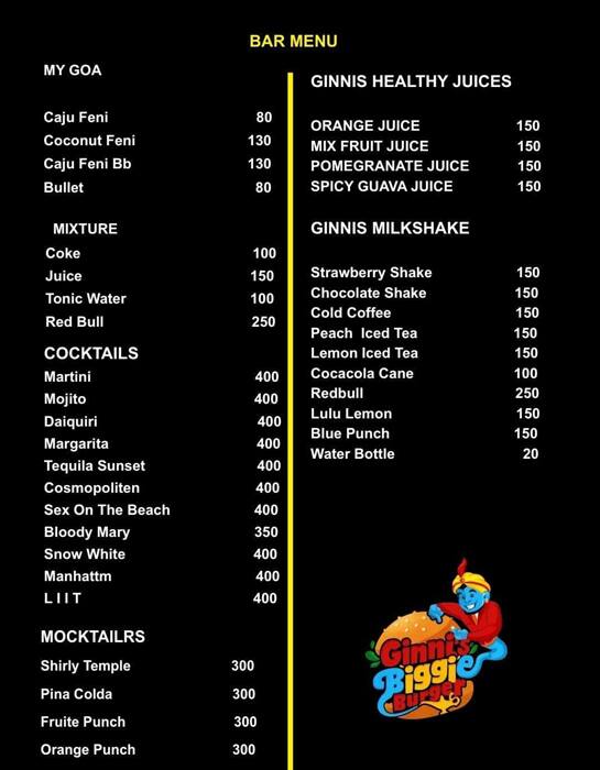 Ginnis biggie burger menu