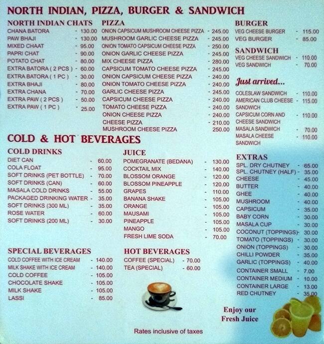 The Super Snack Bar Menu, Menu for The Super Snack Bar, New Alipore