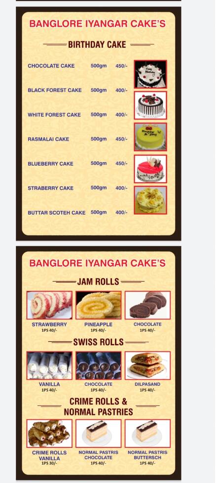 Menu Of Banglore Iyangar Cake, Mira Road, Mumbai