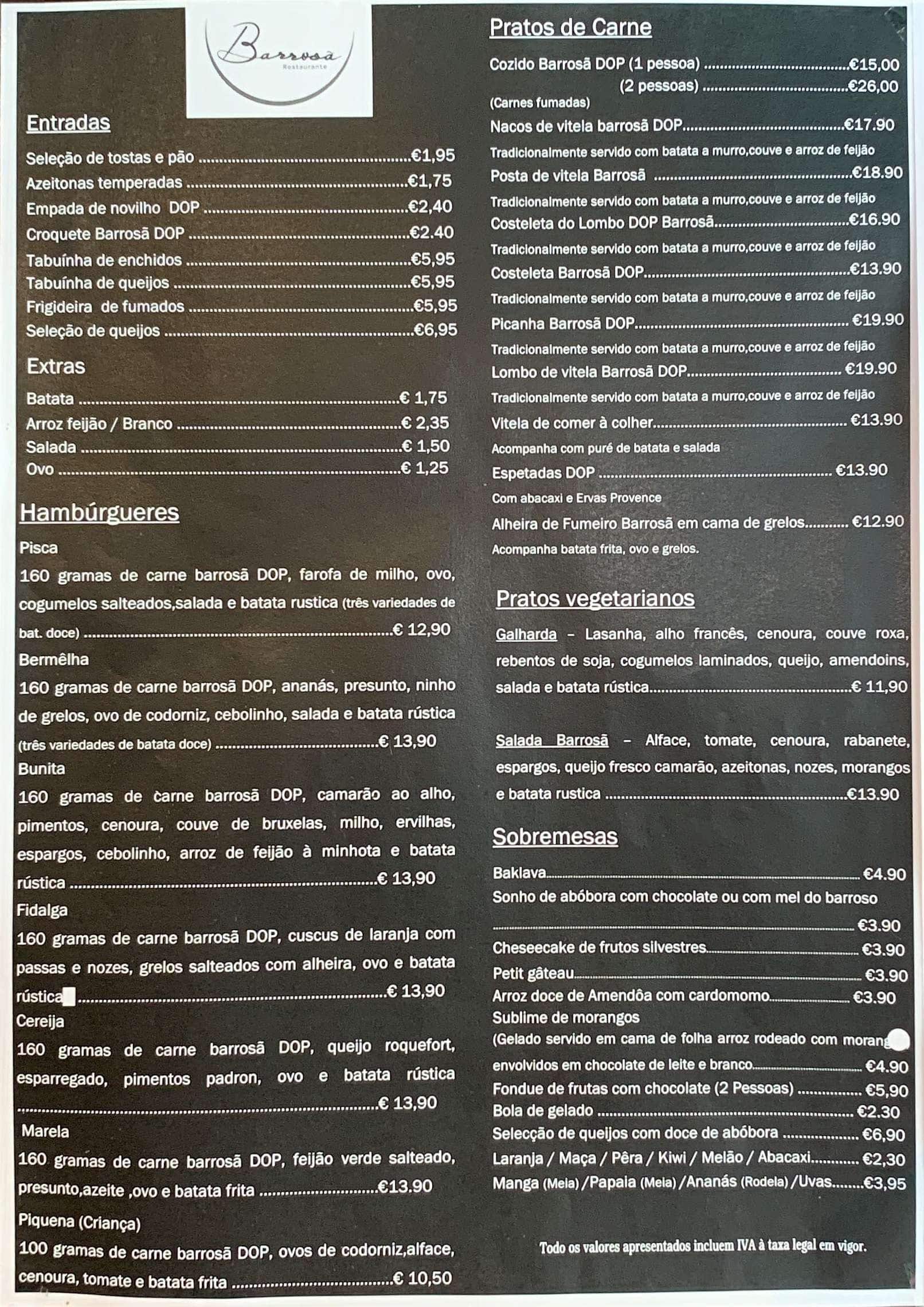 Menu at Barrosã, Lisbon, R. Luís Augusto Palmeirim 11D