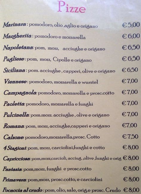 Ristorante Pizzeria Bella Napoli menu