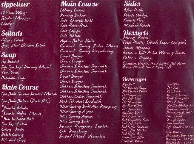 Warung Sunset Menu Menu untuk Warung Sunset Kuta Bali 