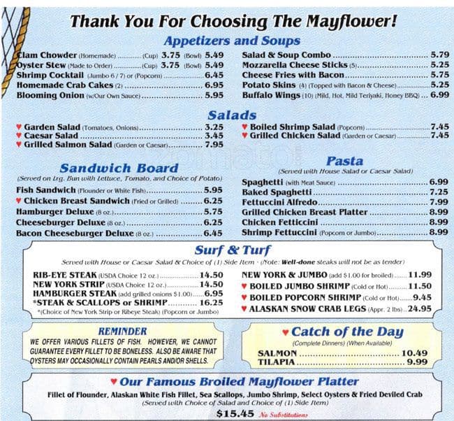 Menu for Mayflower Seafood, Concord 