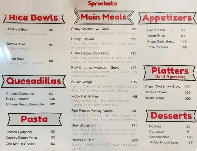 Sprockets Cafe Menu, Menu for Sprockets Cafe, Talamban, Cebu City