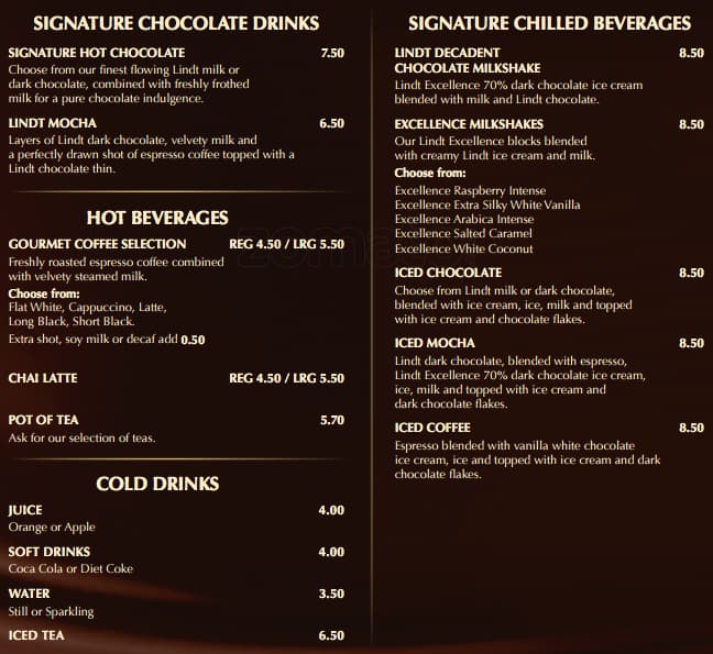 Lindt Chocolate Cafe Menu, Menu untuk Lindt Chocolate Cafe, Airport ...