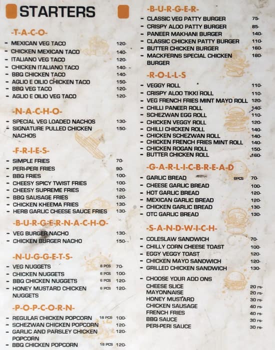 Menu of Mackferns Cafe Santacruz East Mumbai