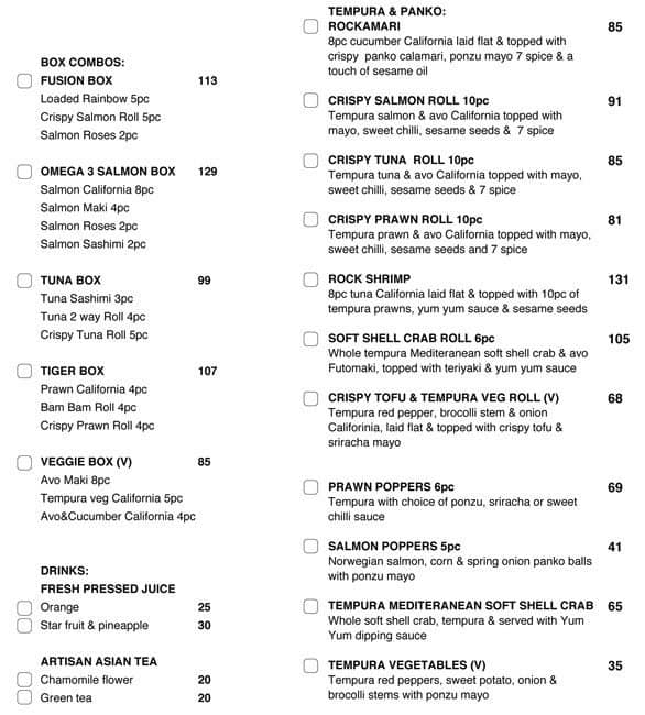 Menu au Sushi Box restaurant, Le Cap, Beau Constantia Wine Estate