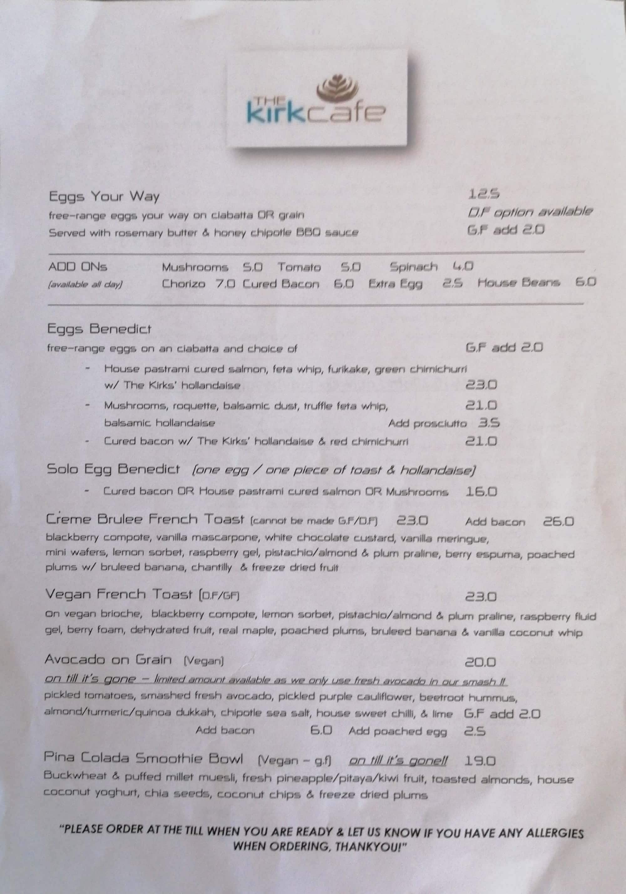 Menu at The Kirk Cafe, Hamilton