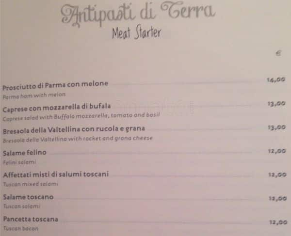 Menu da La Torre del Mangia ristorante, Milano