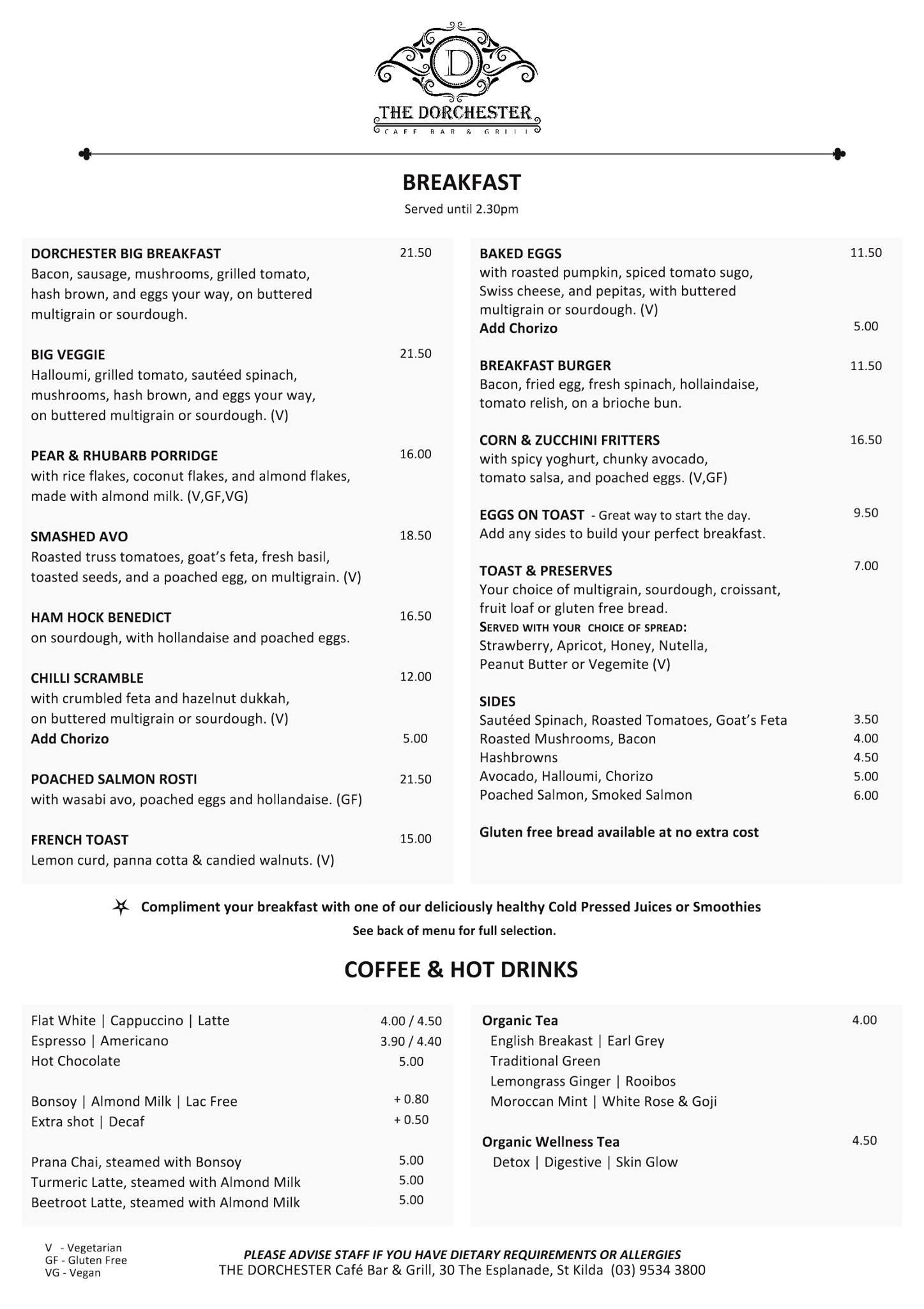 Menu at The Dorchester restaurant, Saint Kilda